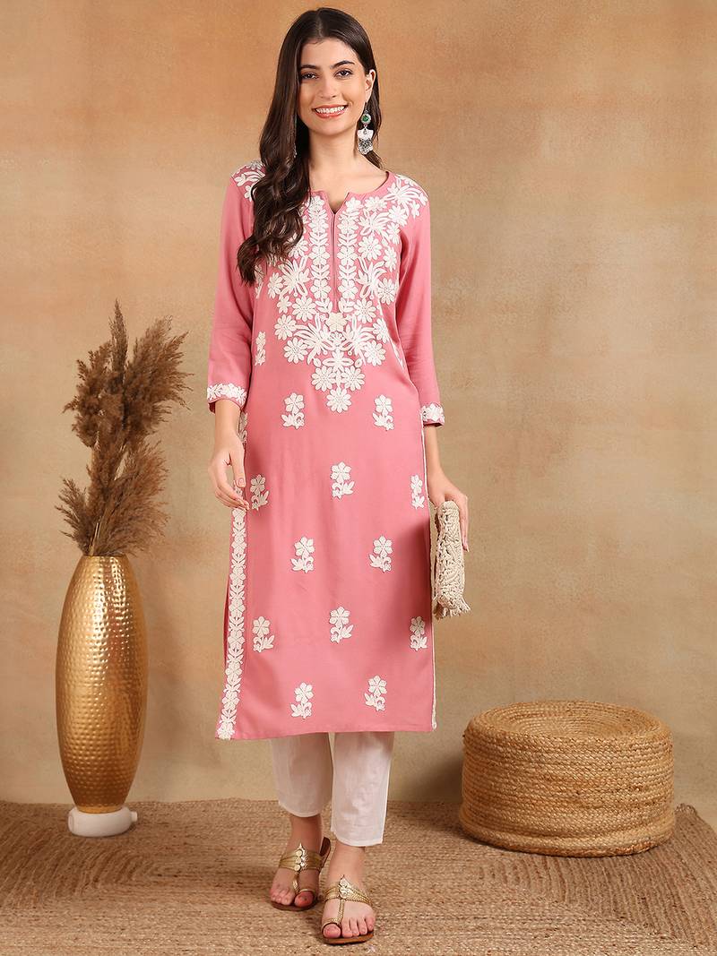 pink rayon blend solid embroidered chikankari straight kurta