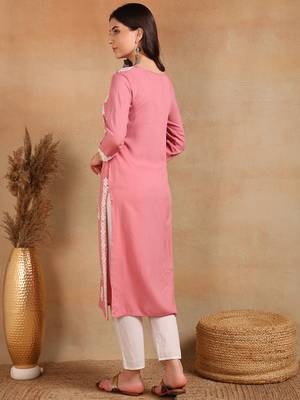 pink rayon blend solid embroidered chikankari straight kurta 5