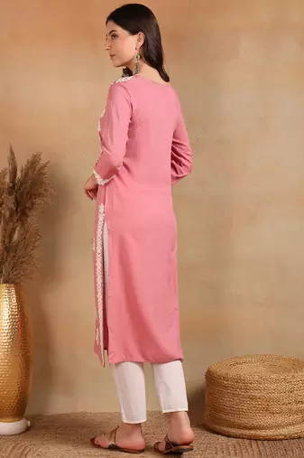 pink rayon blend solid embroidered chikankari straight kurta