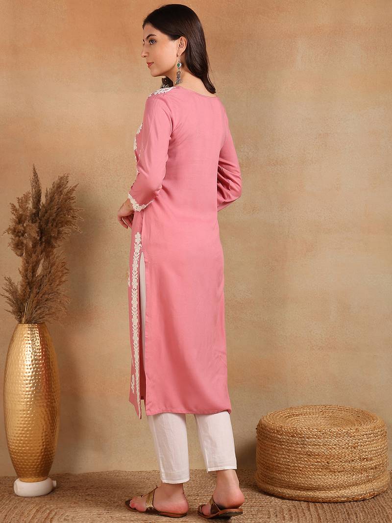pink rayon blend solid embroidered chikankari straight kurta