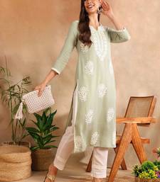 women green rayon blend solid embroidered chikankari straight kurta