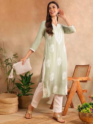 women green rayon blend solid embroidered chikankari straight kurta 2