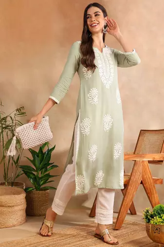 women green rayon blend solid embroidered chikankari straight kurta