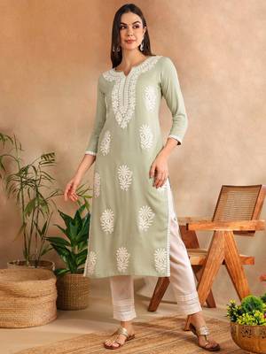 women green rayon blend solid embroidered chikankari straight kurta 1