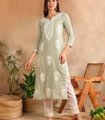 women green rayon blend solid embroidered chikankari straight kurta