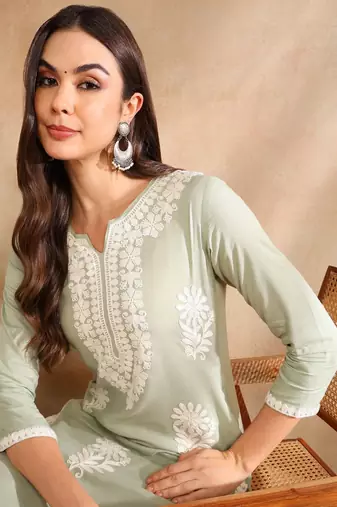 women green rayon blend solid embroidered chikankari straight kurta
