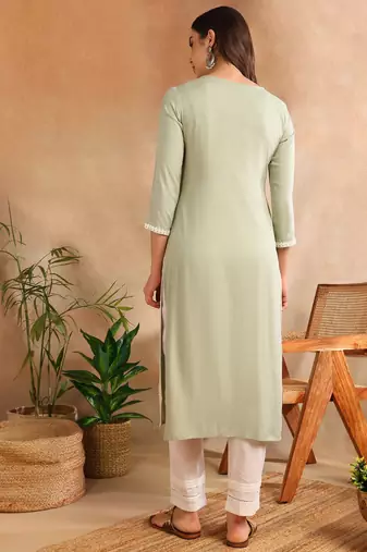 women green rayon blend solid embroidered chikankari straight kurta