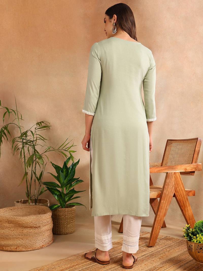women green rayon blend solid embroidered chikankari straight kurta