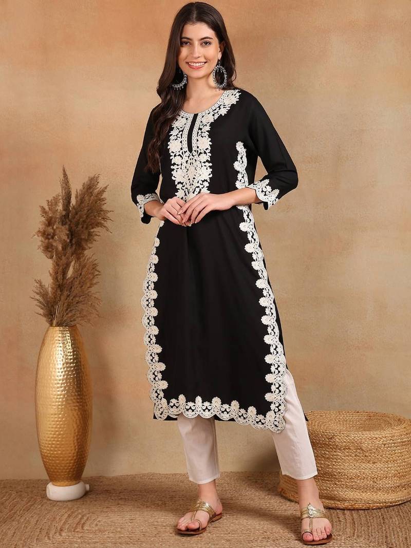 women black rayon blend solid embroidered chikankari straight kurta