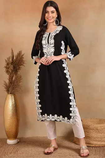 women black rayon blend solid embroidered chikankari straight kurta