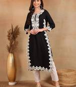 women black rayon blend solid embroidered chikankari straight kurta