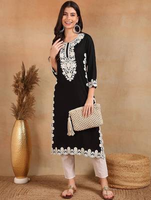 women black rayon blend solid embroidered chikankari straight kurta 1