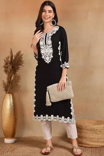 women black rayon blend solid embroidered chikankari straight kurta