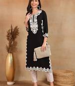 women black rayon blend solid embroidered chikankari straight kurta