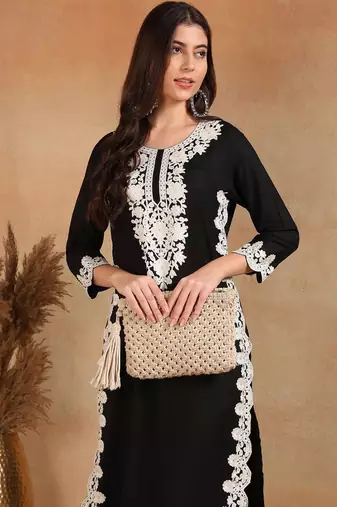 women black rayon blend solid embroidered chikankari straight kurta