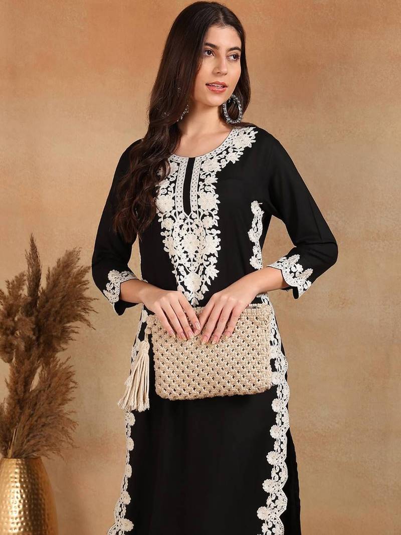 women black rayon blend solid embroidered chikankari straight kurta