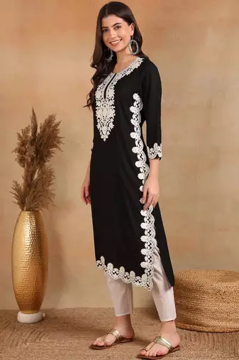 women black rayon blend solid embroidered chikankari straight kurta