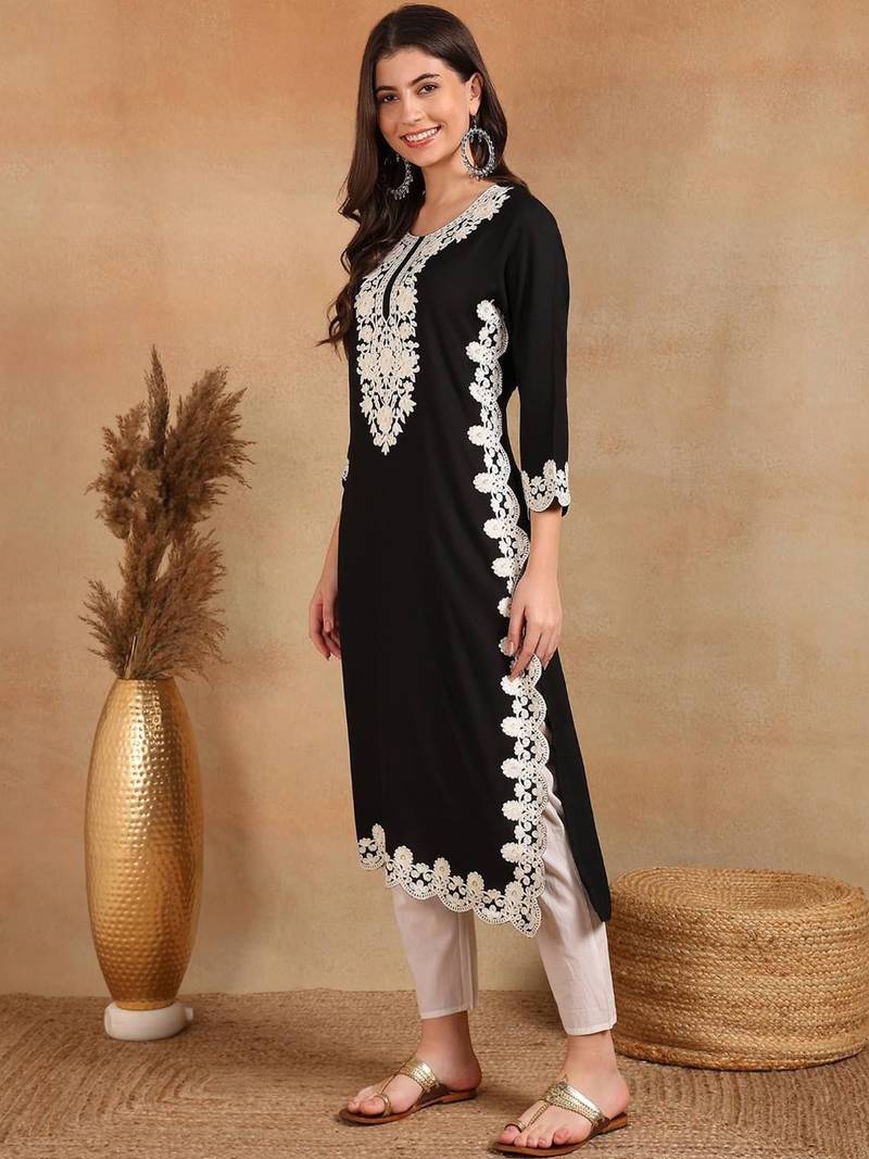 women black rayon blend solid embroidered chikankari straight kurta