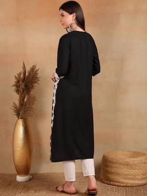 women black rayon blend solid embroidered chikankari straight kurta 4