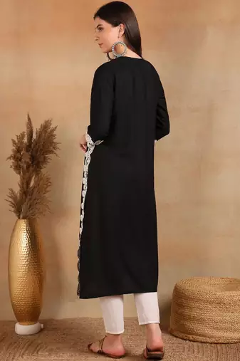 women black rayon blend solid embroidered chikankari straight kurta