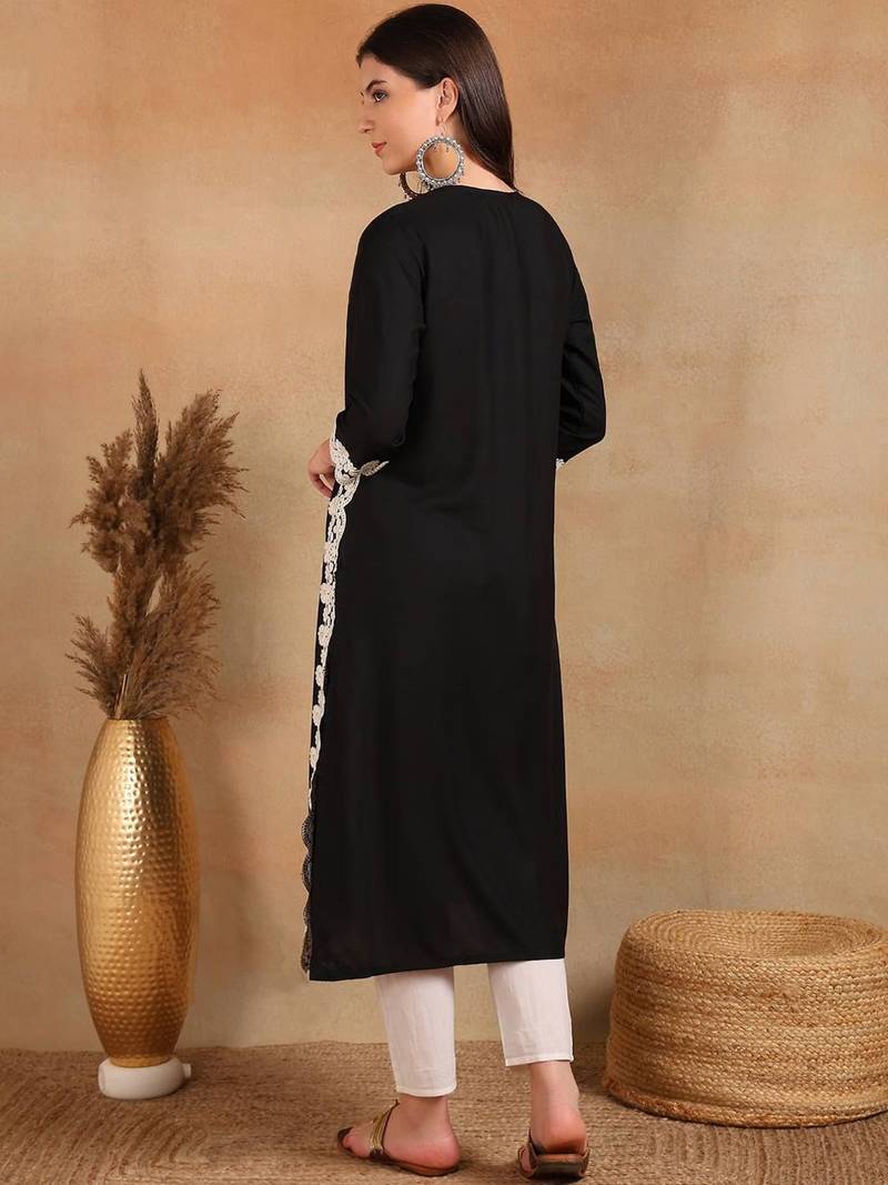 women black rayon blend solid embroidered chikankari straight kurta