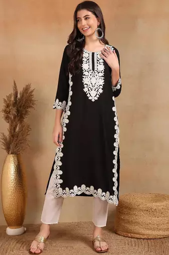 women black rayon blend solid embroidered chikankari straight kurta