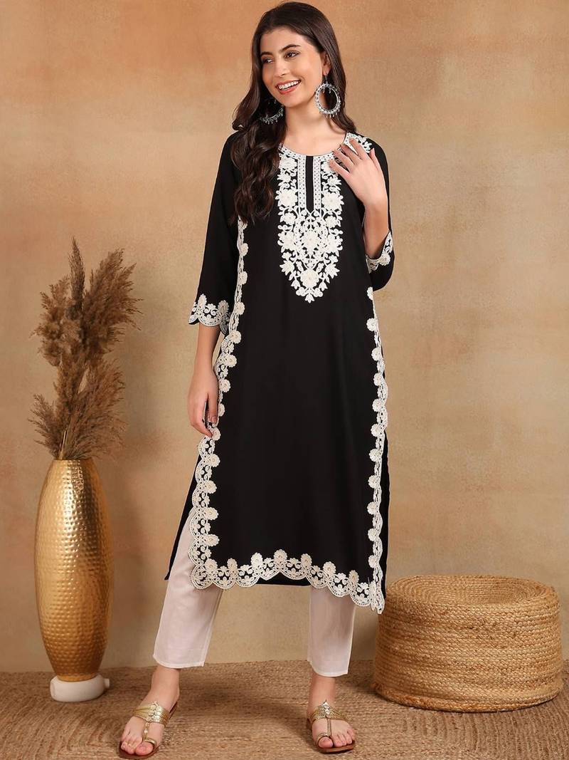 women black rayon blend solid embroidered chikankari straight kurta