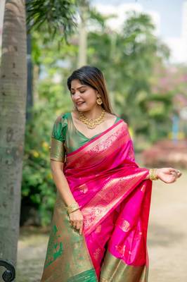 Pink Benarasi silk blend Jacquard Woven Saree Festive Wear 2