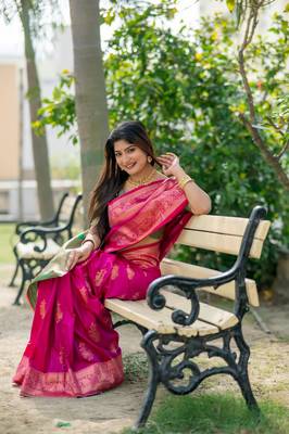Pink Benarasi silk blend Jacquard Woven Saree Festive Wear 3