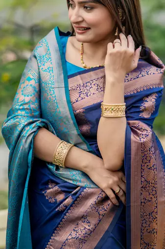 Blue Benarasi silk blend Jacquard Woven Saree Festive Wear