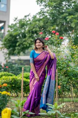 Purple Benarasi silk blend Jacquard Woven Saree Festive Wear 1