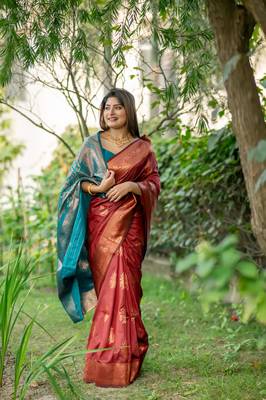 Orange Benarasi silk blend Jacquard Woven Saree Festive Wear 2