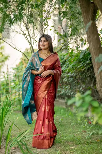 Orange Benarasi silk blend Jacquard Woven Saree Festive Wear