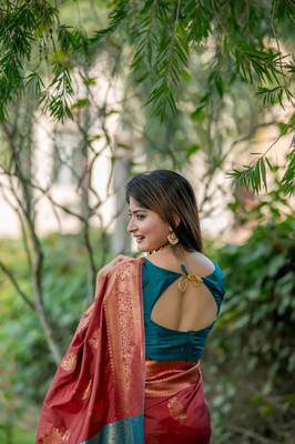 Orange Benarasi silk blend Jacquard Woven Saree Festive Wear 4