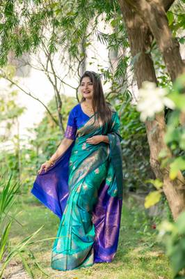Teal Green Benarasi silk blend Jacquard Woven Saree Festive Wear 1
