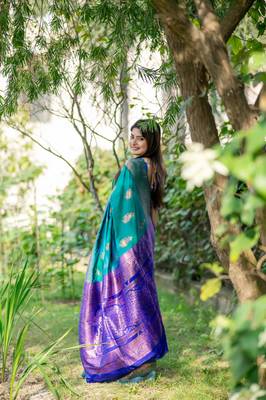 Teal Green Benarasi silk blend Jacquard Woven Saree Festive Wear 2