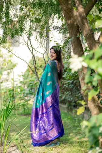 Teal Green Benarasi silk blend Jacquard Woven Saree Festive Wear