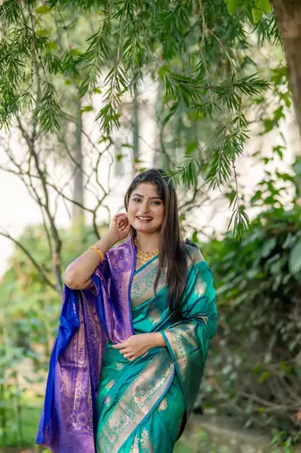 Teal Green Benarasi silk blend Jacquard Woven Saree Festive Wear