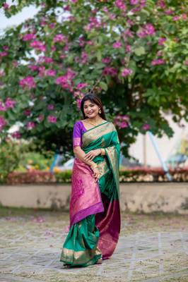 Green Benarasi silk blend Jacquard Woven Saree Festive Wear 1