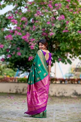 Green Benarasi silk blend Jacquard Woven Saree Festive Wear 3