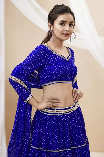 Blue Leheriya Printed With Lace All Over Georgette Lehenga Choli For Wedding