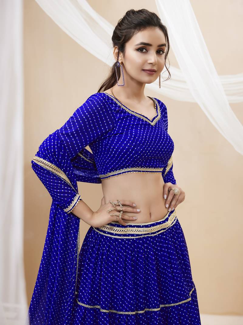 Blue Leheriya Printed With Lace All Over Georgette Lehenga Choli For Wedding