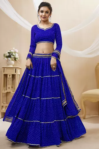 Blue Leheriya Printed With Lace All Over Georgette Lehenga Choli For Wedding