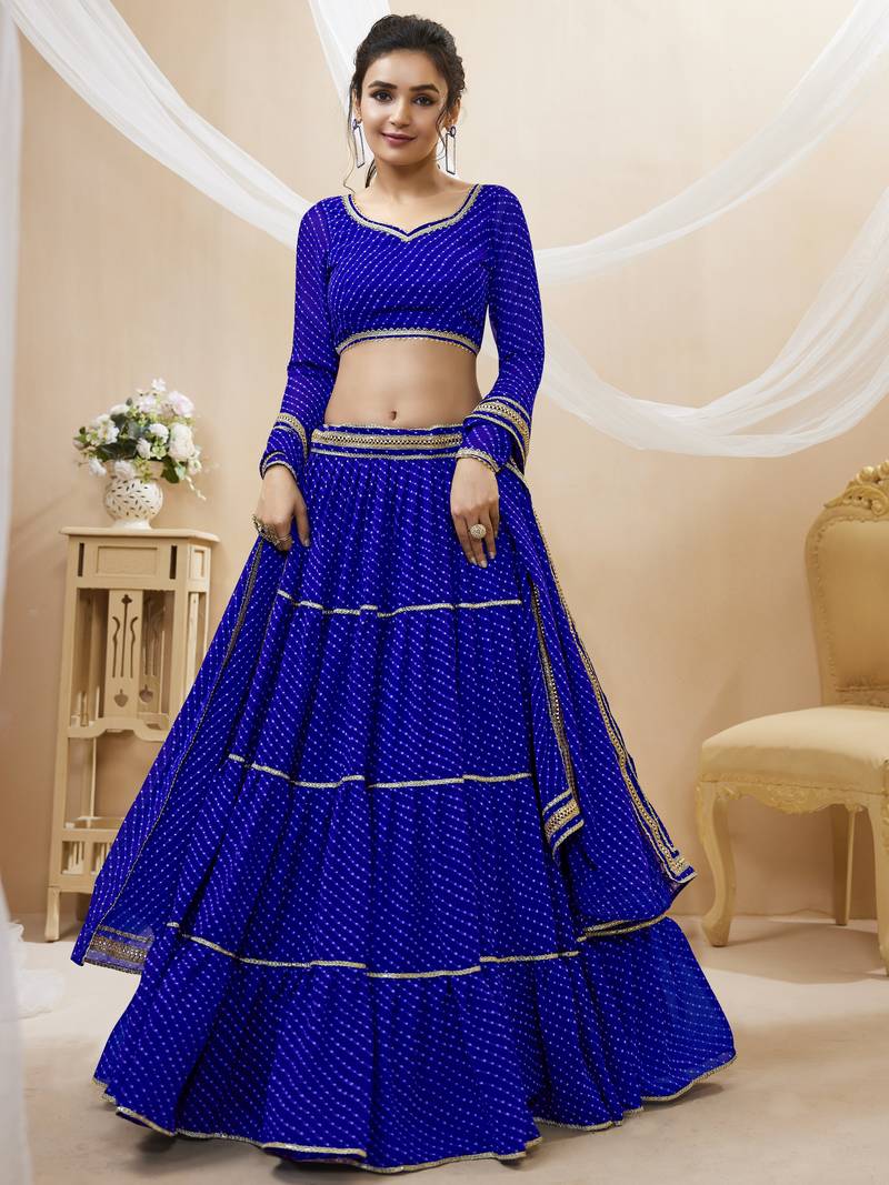 Blue Leheriya Printed With Lace All Over Georgette Lehenga Choli For Wedding