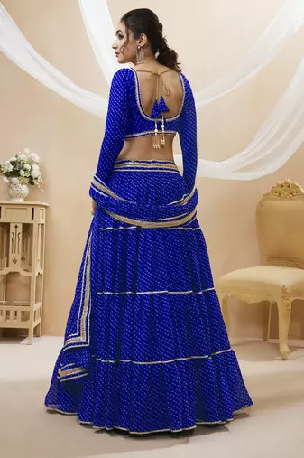 Blue Leheriya Printed With Lace All Over Georgette Lehenga Choli For Wedding