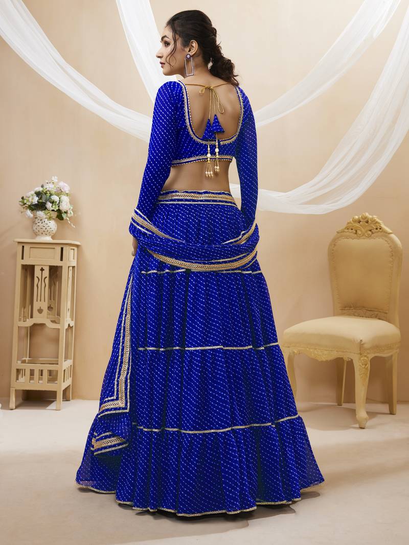 Blue Leheriya Printed With Lace All Over Georgette Lehenga Choli For Wedding