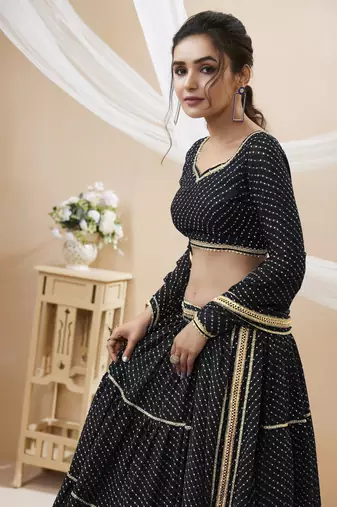 Babelicious Black Leheriya Printed With Lace All Over Georgette Lehenga Choli For Wedding