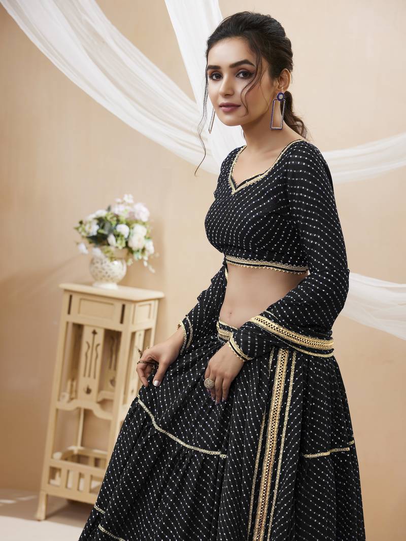 Babelicious Black Leheriya Printed With Lace All Over Georgette Lehenga Choli For Wedding