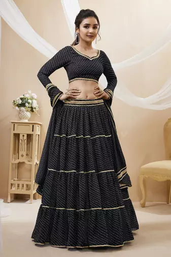 Babelicious Black Leheriya Printed With Lace All Over Georgette Lehenga Choli For Wedding
