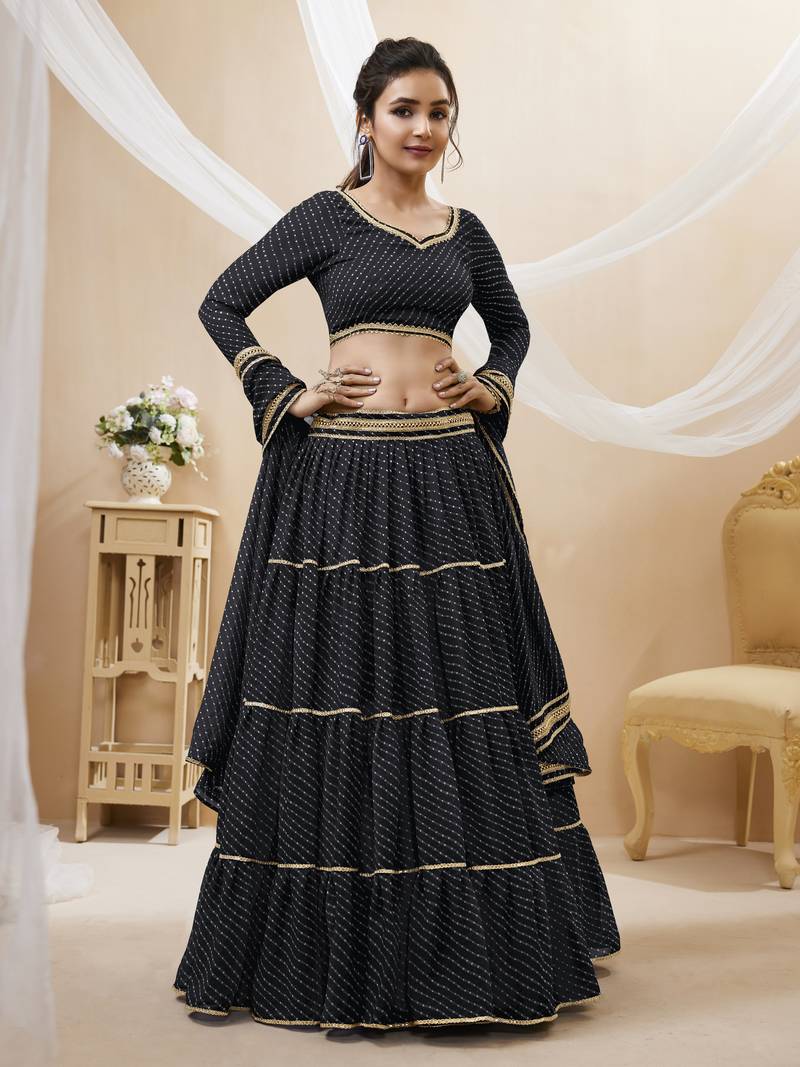 Babelicious Black Leheriya Printed With Lace All Over Georgette Lehenga Choli For Wedding